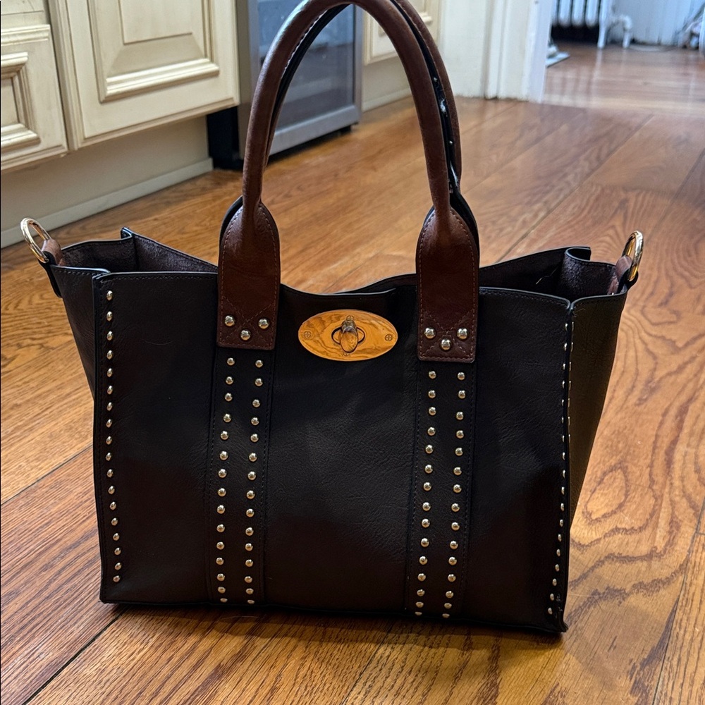 NEW Elegant Faux Leather Brown Studded Tote Bag